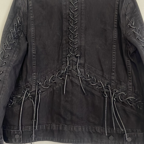 BlankNYC women distressed black jean jacket with lace up sleeves, back & sides - Picture 11 of 13